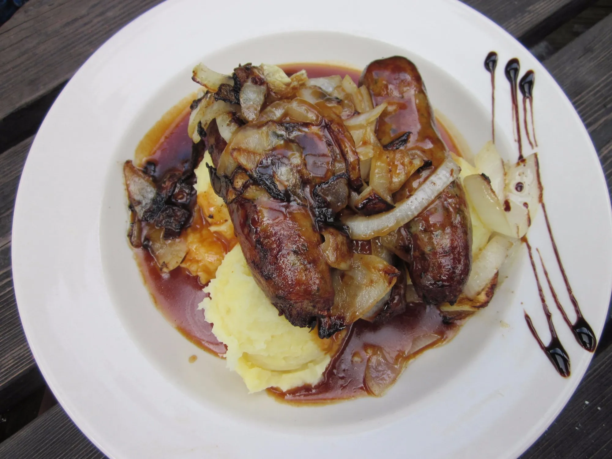 Bangers and mash with caramelised onions and gravy